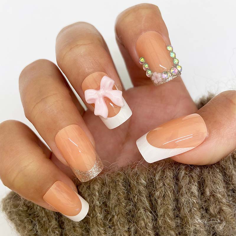 Cross-Border Wearable Glitter Flower Foreign Trade Hot-Selling French Tips European and American False Nail Stickers Finished