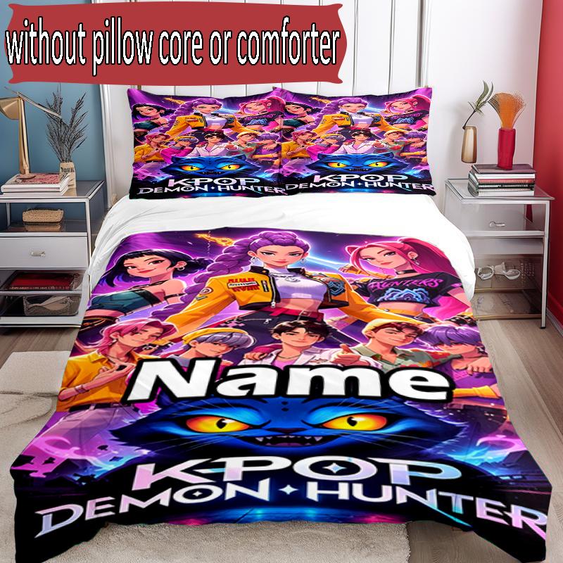 3pcs Duvet Cover Set (1*Duvet Cover + 2*Pillowcase, Without Core), Custom Name KPop Demon Hunters Pattern Bedding Set, Home Bedroom Decor Gift