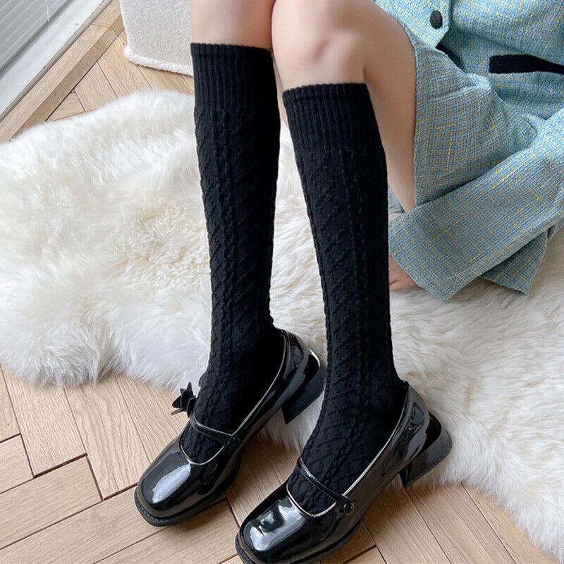 Women Girls Knee High Long Socks Thick Winter Warm Cotton Cable Knit Stockings