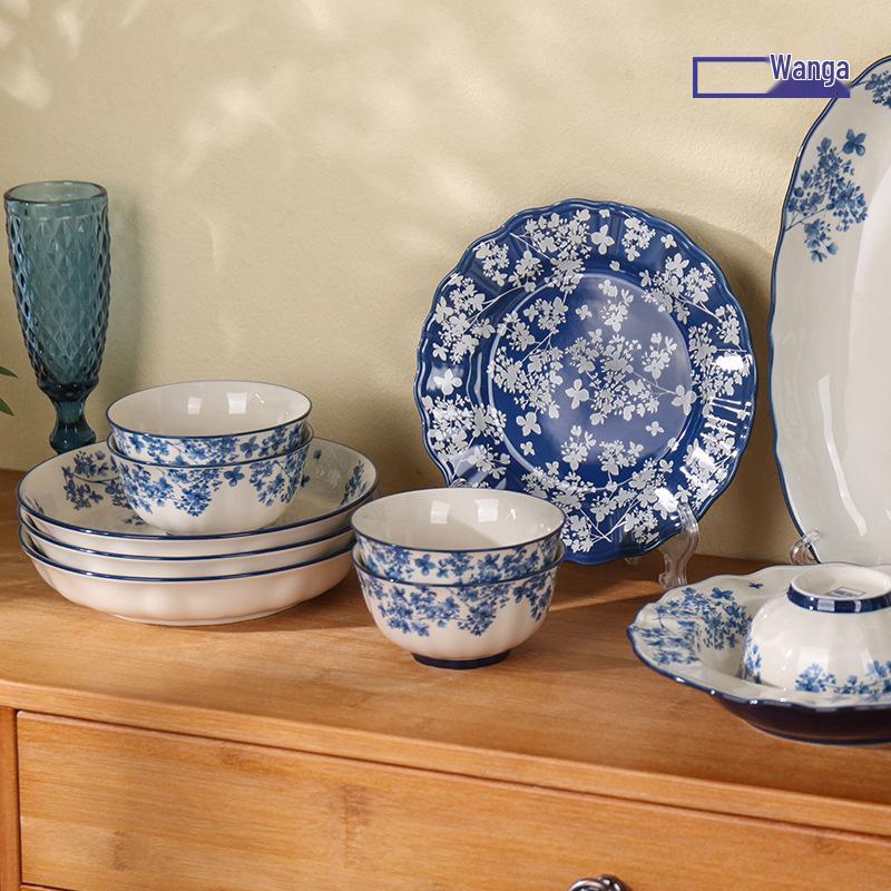 Shunxiang Jialan English Retro Ceramic Bowl & Plate Set - Underglaze Tableware for Soup & Rice.