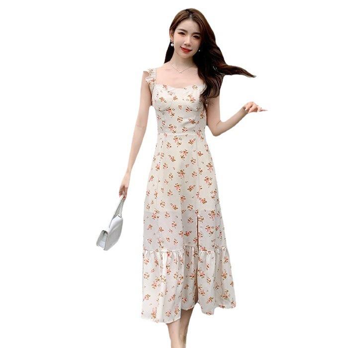 Dress new women's summer French retro waist temperament floral split suspender skirt temperament elegant