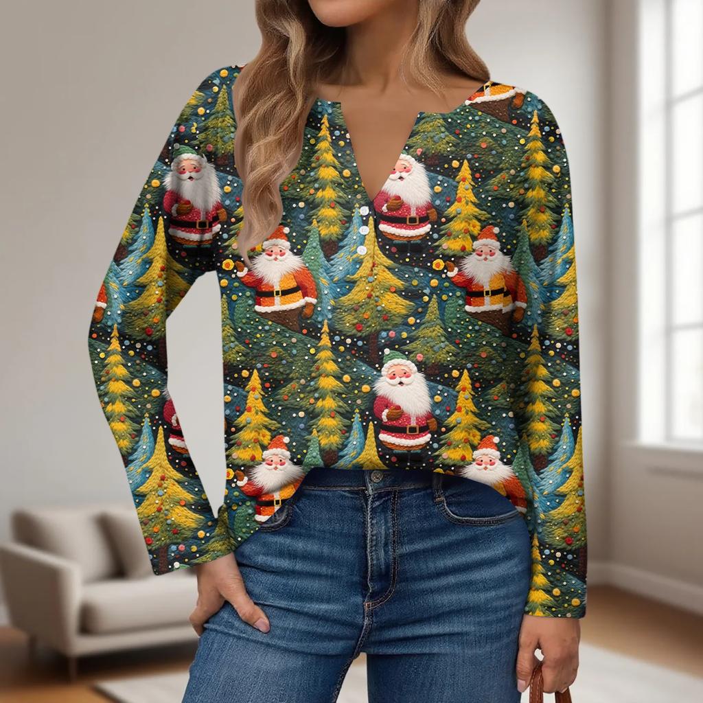 Женская модная повседневная футболка с V-образным вырезом, на пуговицах, с длинным рукавом, с рождественским принтом