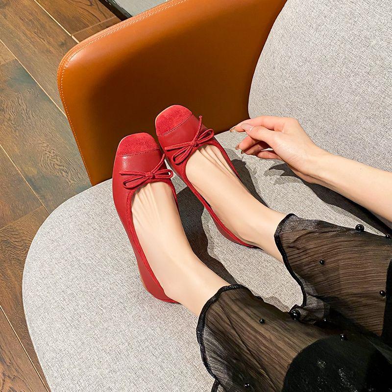 Flat-bottomed Xiaoxiangfeng Grandma Shoes Red Single Shoes Women's Shoes 2025 New Spring Black Beanie Shoes Square Head Ladyshoes