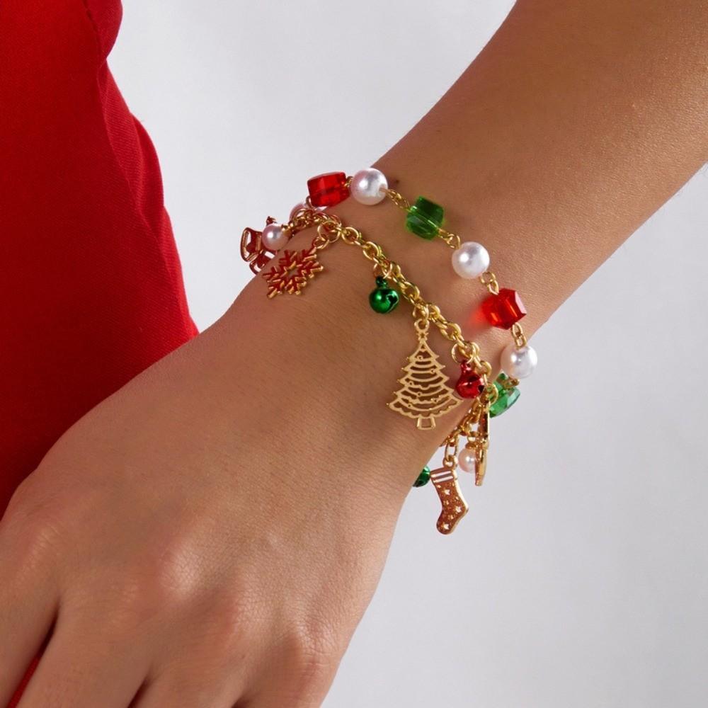 Red Green Christmas Beaded Bracelet Crystal Snowflake Tree Charm Crystal Xmas Bangle Teen Girls