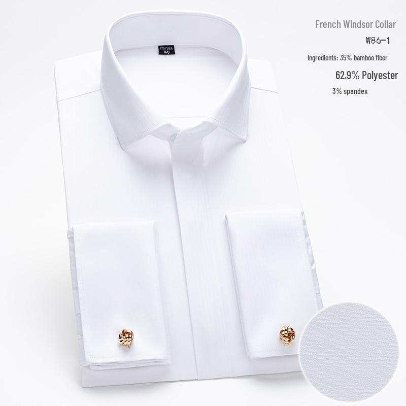 Мужская официальная белая рубашка с длинным рукавом, воротником-стойкой и французскими манжетами из бамбукового волокна