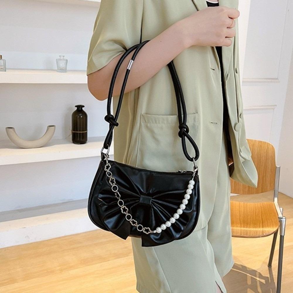 Solid Color Women Underarm Bag PU Leather Bow Handbag Simple Bowknot Shoulder Bag  Office Worker