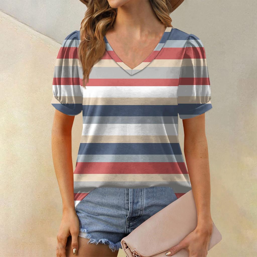 Women's Fashion Striped Printed Top Puff Short Sleeve V-neck T-shirt Loose Casual T-shirt