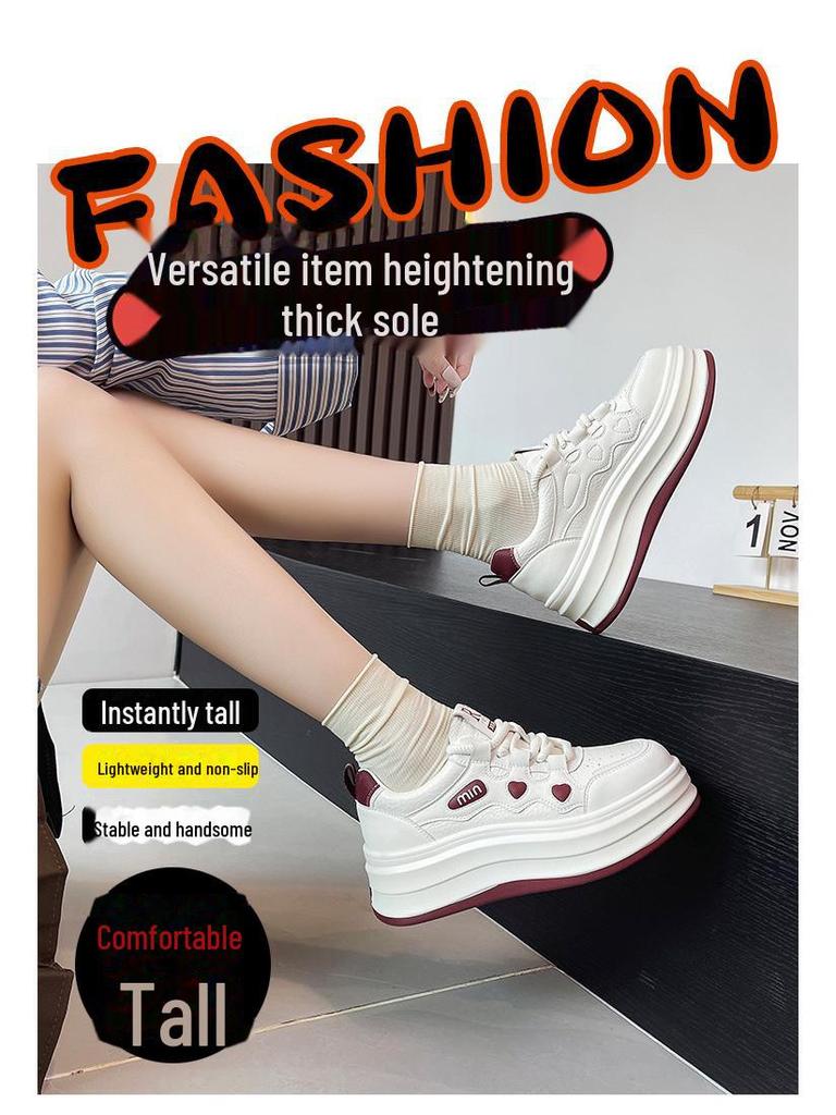 Women's Thick-Soled White Leather Sneakers - 2025 Spring Fashion, Height-Enhancing, Versatile, Casual Sports/Board Shoes