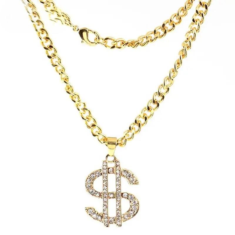 Gold Plated Crystal Dollar Sign $ Pendants Necklaces with Long Twist Chain Statement Hip Hop Party Jewerly for Women Men