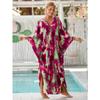 Plus Size Boho Cover Up, Women's Plus Painting Print Bat Sleeve V Neck Split Hem Maxi Cover Up Dress