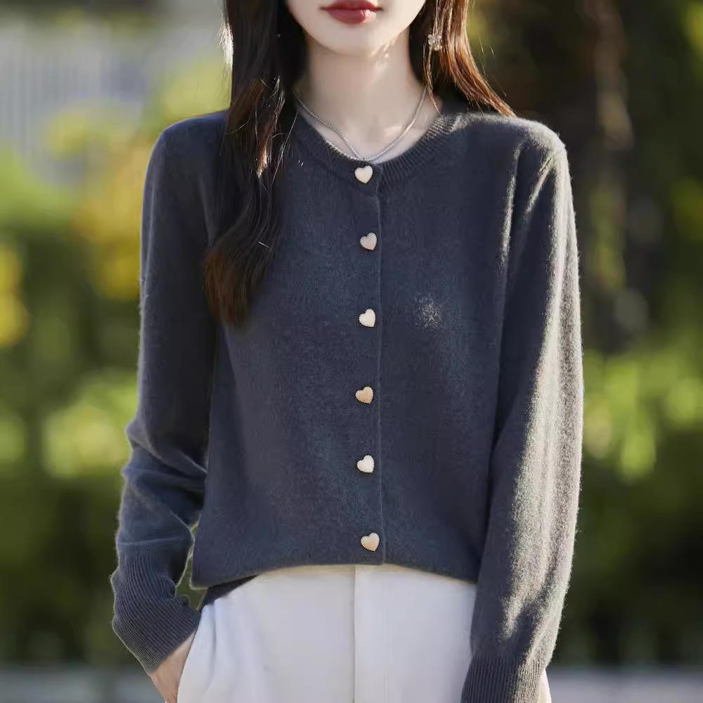 Minimalist Solid Basic Structured Shoulder Versatile Long Sleeve Knit Cardigan Heart Button Round Neck Sweater Women