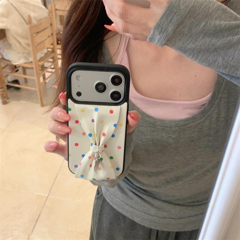 Милый чехол для телефона с радужными горошками и бантом для iPhone 17 Pro 16 15 14 Pro Max с подвеской-сердечком, кожаный, ударопрочный, чехол 16 17 15pro