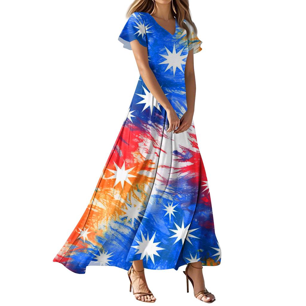 Женское повседневное платье с принтом флага Дня независимости, V-образным вырезом, короткими рукавами и высокой талией