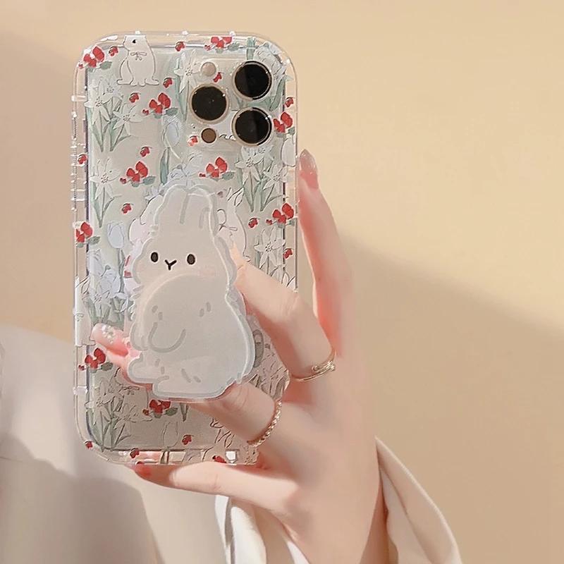 Милый держатель-ручка в виде кролика Чехол для телефона Для iPhone 16 15 14 13 12 11 Pro Max XR X XS 7 8 Plus Подставка Цветочный Прозрачный Мягкий Силиконовый Чехол