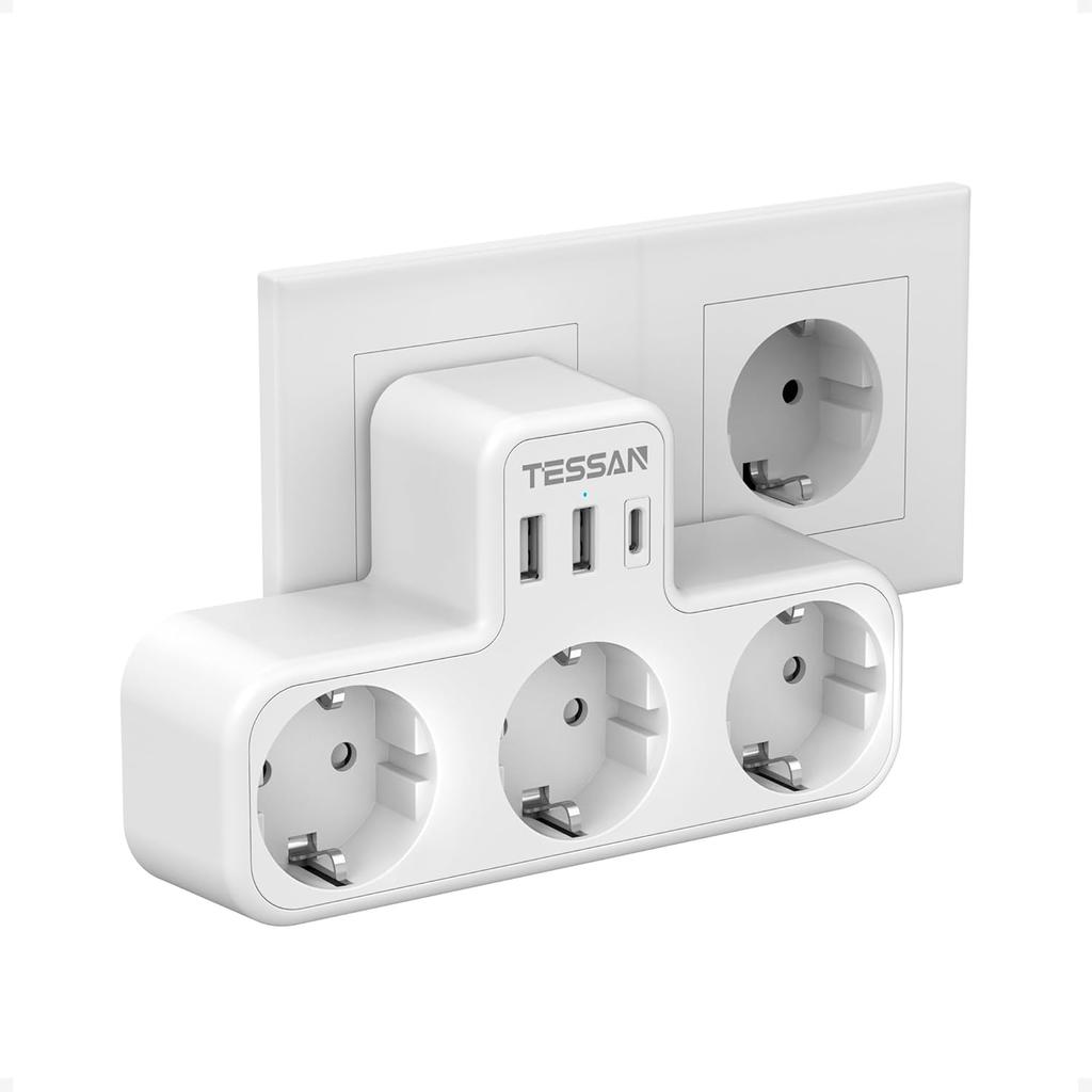 Tessan Многофункциональная настенная розетка с 2 портами USB C и 1 портом USB A, USB-адаптер 6 в 1 с защитой от перегрузки для смартфона, планшета
