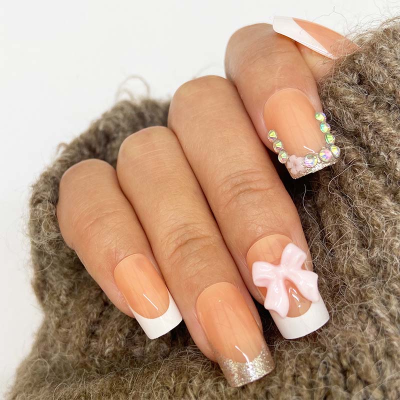 Cross-Border Wearable Glitter Flower Foreign Trade Hot-Selling French Tips European and American False Nail Stickers Finished