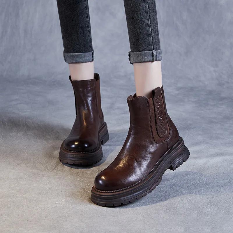 Top Layer Cowhide Women's Boots 2024 Autumn and Winter New Thick Soled Chelsea Short Boots Women Genuine Leather Ankle Boot