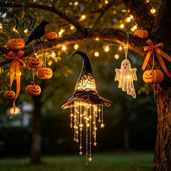 Yard Patio Halloween Decor Lighted Witch Hat Hanging Chime, LED Glowing Wizard with Immersive Visual Effects Swinging Star Tassels, Indoor Outdoor