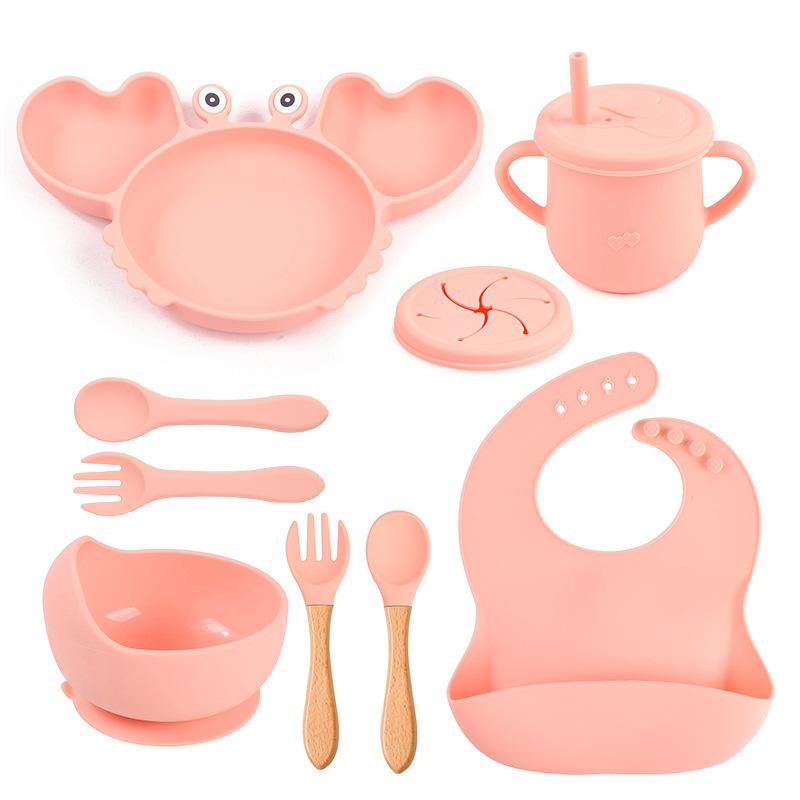 9PCS/Set Baby Silicone Tableware Set Baby Feeding Dishes BPA Free Bowl Plate Bibs Spoon Fork Sets Children Non-slip Dinnerware
