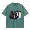 2026 Funny Cat In Penguin Group T Shirt Vintage Washed Beige Graphic Tee Unisex Casual Top