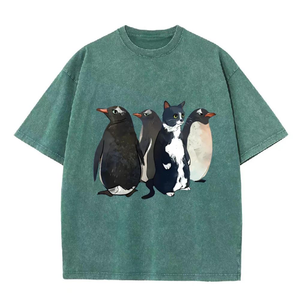 2026 Funny Cat In Penguin Group T Shirt Vintage Washed Beige Graphic Tee Unisex Casual Top