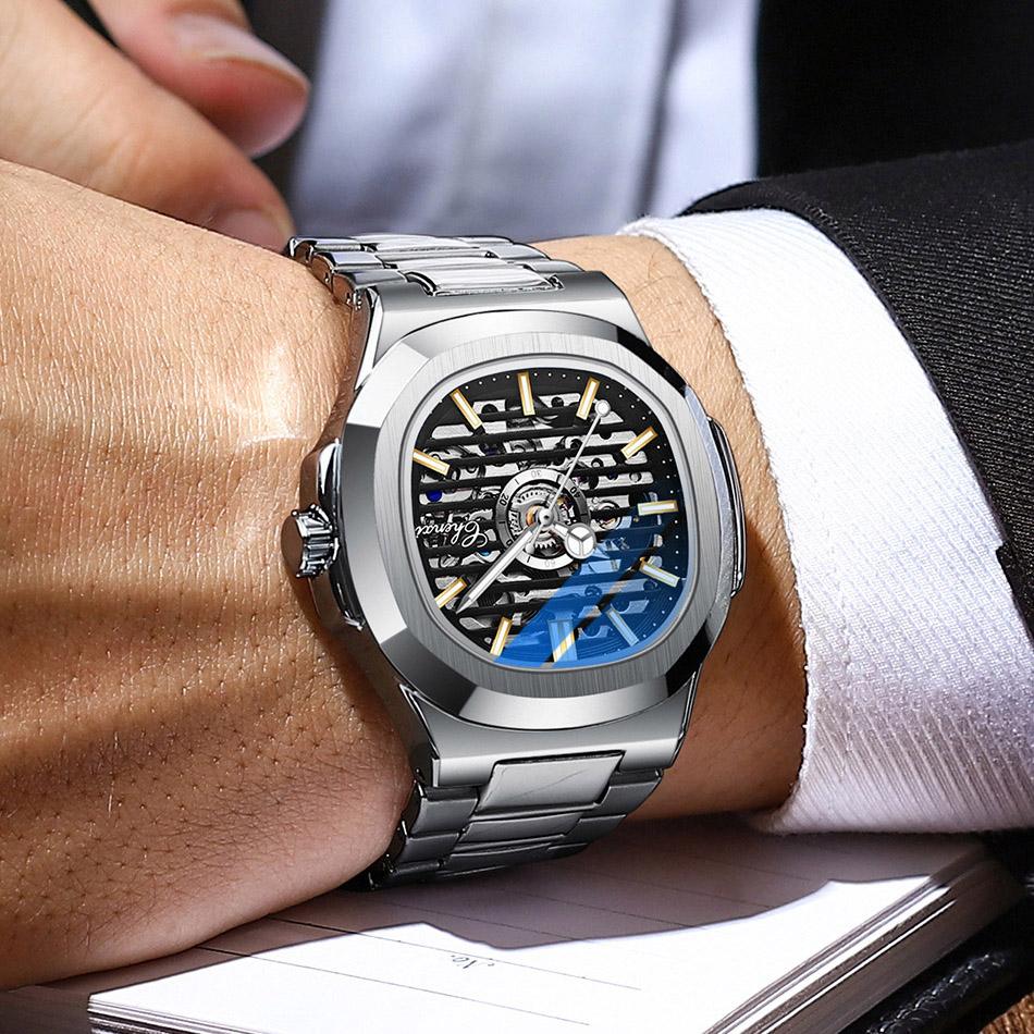 Blue Color Square Automatic Mechanical Watch Men Stainless Steel Classic Casual Luminous Pointer Selfwind CHENXI Brand Watches
