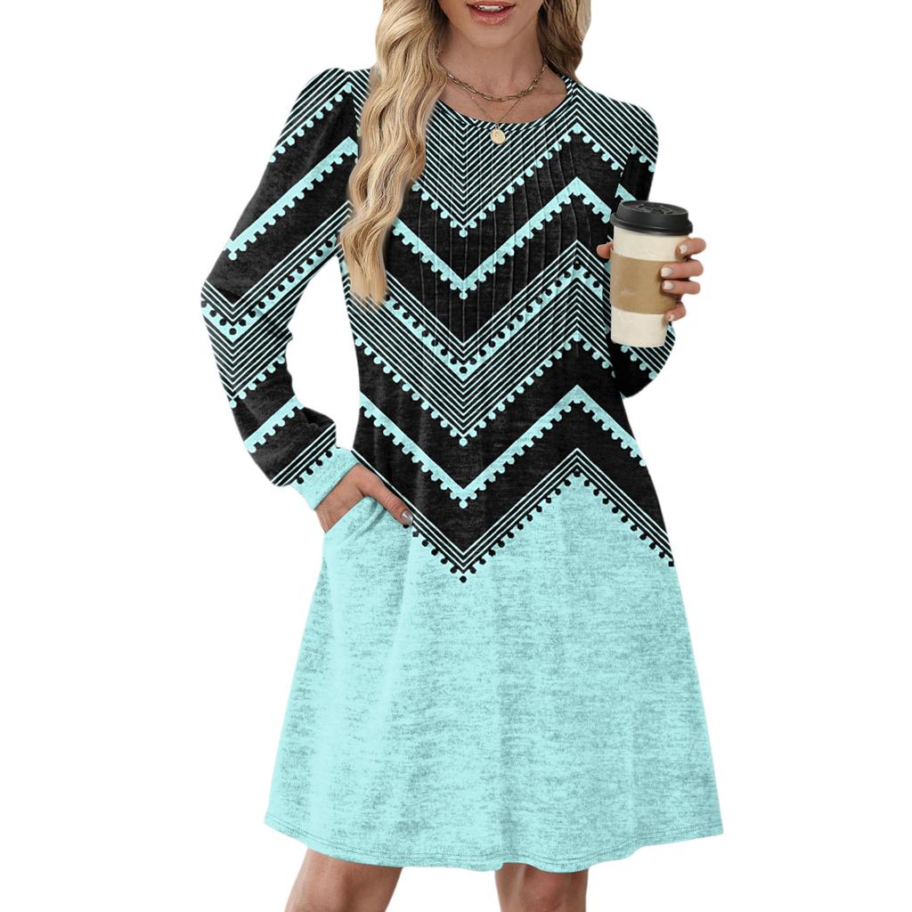 Женское повседневное платье с длинным рукавом, плиссировкой, круглым вырезом, винтажным цветочным принтом и карманами