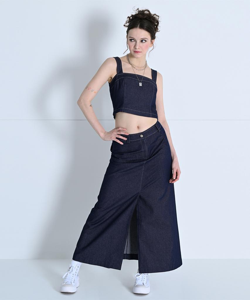 Make A Toast Front Slit Denim Skirt Navy Mbdssk001Nv
