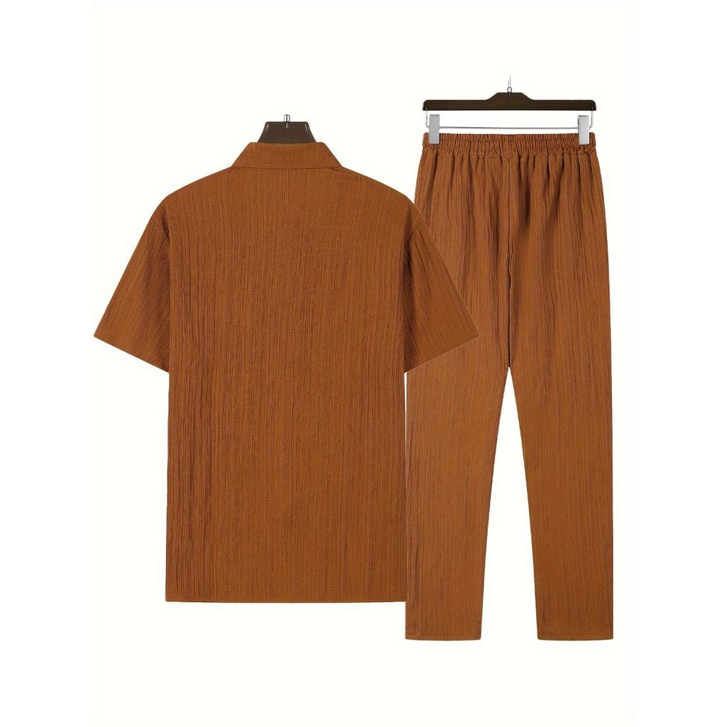 Мужская повседневная полосатая толстовка с коротким рукавом, воротником-стойкой на пуговицах и эластичным поясом, брюки из полиэстеровой ткани с добавлением эластана, двухкомпонентный