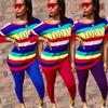Autumn Fashion Sporting Women Set Rainbow Striped Letter Print T-shirt Skinny Pencil Pants Suit Two Piece Set Elegant Tracksuit