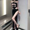 Summer Hollow Out Sexy Club Black Dress Women Sleeveless Halter Long Dresses Y2K  Girl Split Fit Backless Party Dress 27926