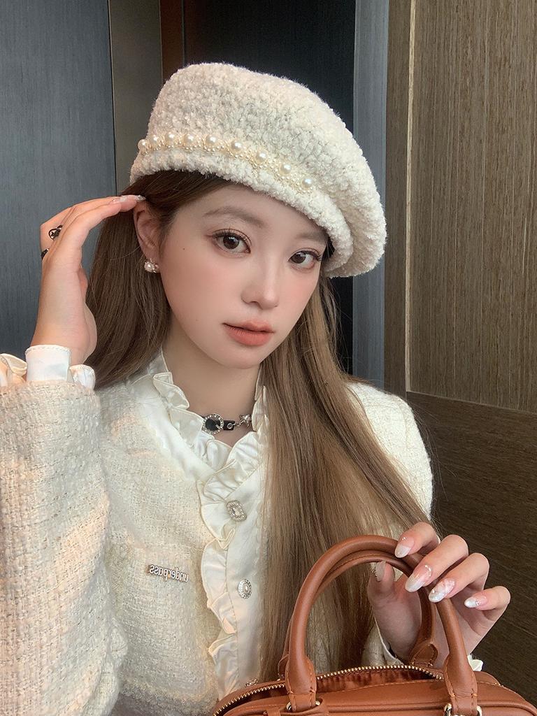 Lamb Wool Winter Top Hat Sweet Pearl Wool Beret Temperament Casual Face Little Painter Hat
