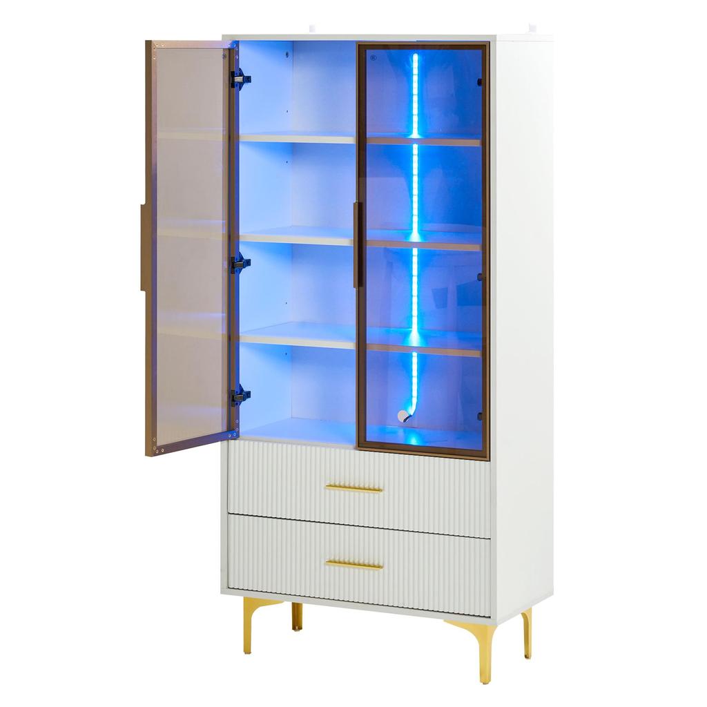 Glasvitrine LED-Lichtern, Weiß 2 Türen & 2 Schublade, Modern Bücherschrank verstellbaren Einlegeböden, Metallbeine, Wohnzimmer Büro Esszimmer