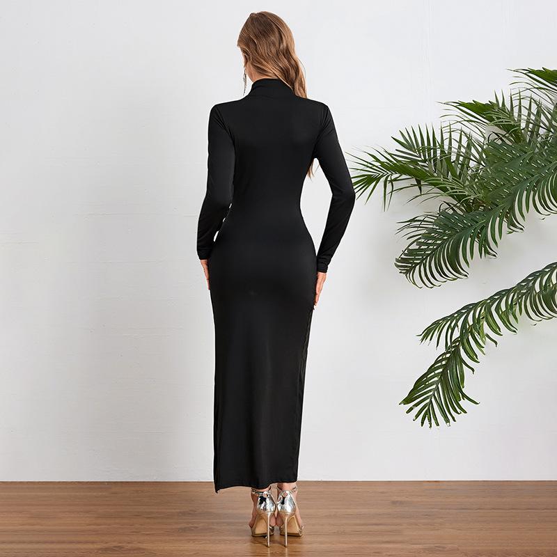 Autumn Fashion Ethos Medium High Neck Pleated Slit Slim Long-sleeved Dress Woman