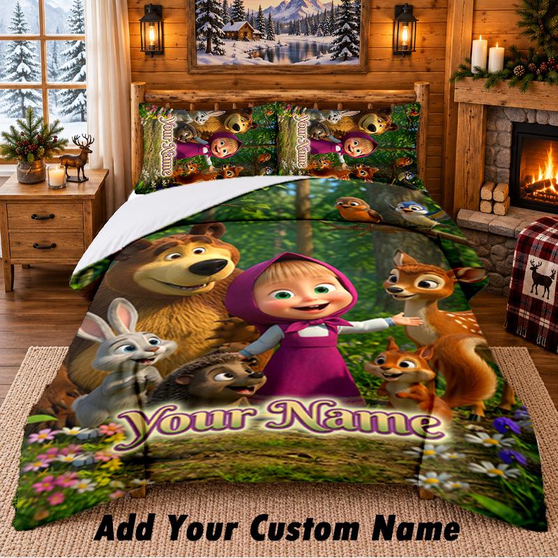 Masha and the Bear Custom Name 3Pcs Bedding Set 1 Bed Sheet 2 Pillowcases Bedroom Home Decor
