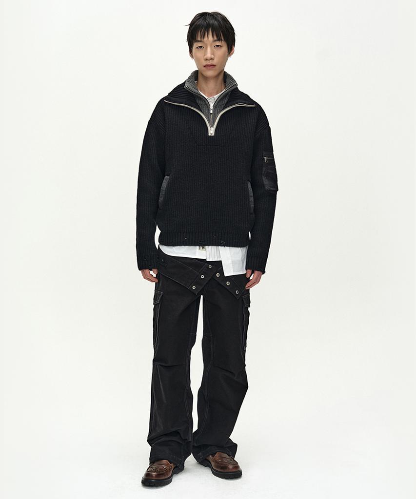 ADSB ANDERSSON BELL Double Layered Quarter Zip-Up Sweater (Black/Grey)