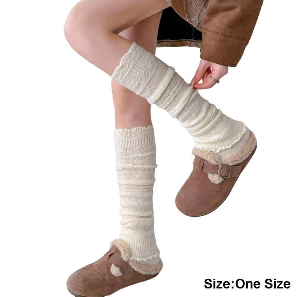 New Snowflake Leg Warmers Knitted Solid Color Lolita Long Socks Keep Warm Lace Mid-Calf Sock Winter