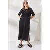 Women's Black Side Slit Oversize Cotton Dress Elb-19001880