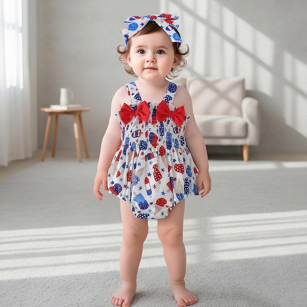 0 to 24 Months Baby Girls Smocked Spaghetti Strap Bodysuit Ice Cream Flag Print Summer Triangle Romper Newborn Infant Crawling Outfit