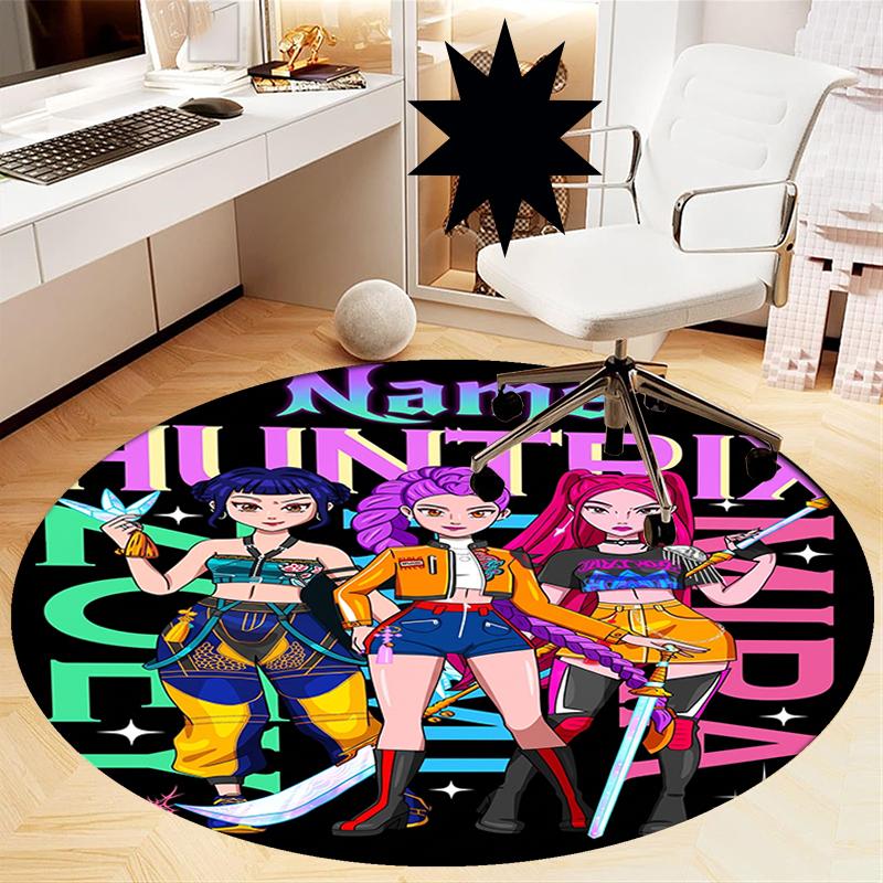 Custom Name KPop Demon Hunters Printed Round Rug Carpet Chair Rug Area Rug Entryway Doormats,for Office Chair Living Room Bedroom Kitchen Room.