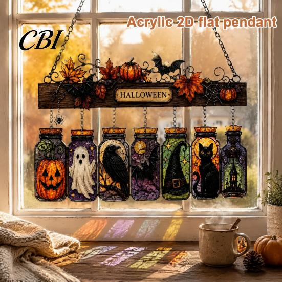 Seasonal Window Display Props Halloween Acrylic Suncatcher, Stained Glass Style Pumpkin Ghost Potion Bottles Spooky Holiday Door Ornaments Hanging