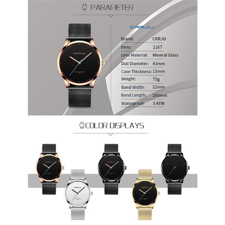 CRRJU-2167 Кварцевые часы с календарем, водонепроницаемая сетка из нержавеющей стали и модные часы для студентов-мужчин