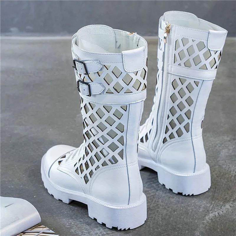 Женские летние ботфорты до колена с вырезами, сексуальные, с круглым носком, из коровьей кожи, на квадратном каблуке, женские ботильоны на молнии сзади