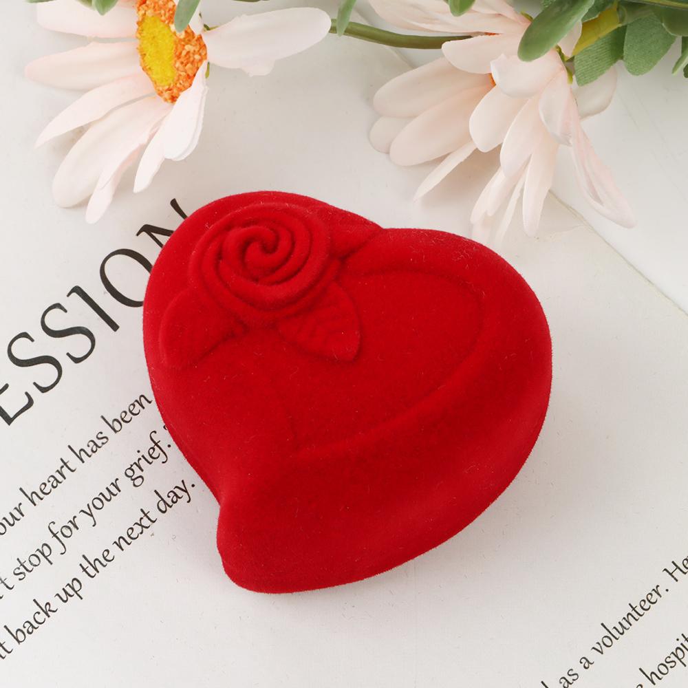 Heart Shape Exquisite Ring Display Box Velvet Jewelry Box Red Rose Double Ring Storage Box