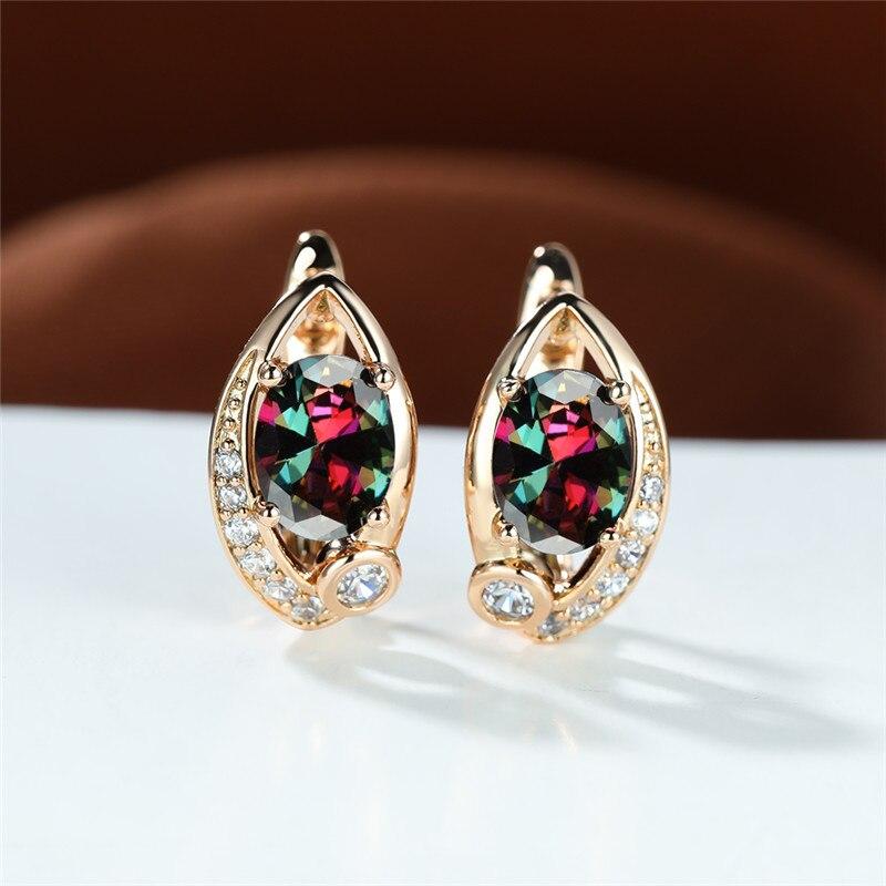 Mystic Rainbow Crystal Oval Stone Earrings Charm Rose Gold Color Wedding Earrings Cute Multicolor Zircon Hoop Earrings For Women