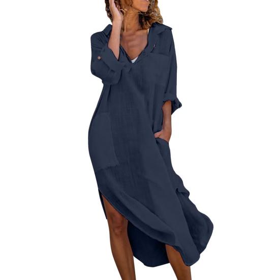 Women Summer Lapel V Neck Shirt Dress Solid Color Pockets Design Side Split Loose Fit Thin Midi Dress Beach Holiday Dress