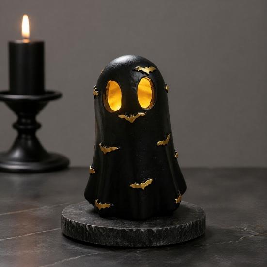 Resin Ghost Statue Halloween Decoration, Cute Light Up Figurine, Spooky Warm LED Bedside Lamp with for Shelf Mantel Indoor Home Decor Party Supplies