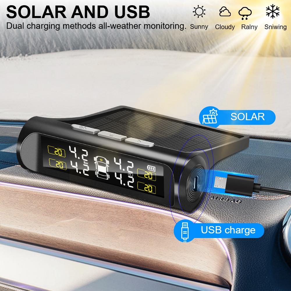 TPMS Tyre Pressure Monitoring System Solar Power LCD Display with 4 Internal/External Sensor Waterproof Temperature Warning
