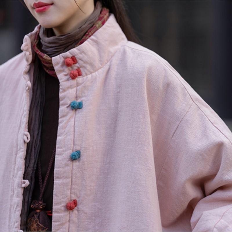Johnature Women Vintage Solid Color Long Sleeve Winter Coats Button Chinese Style Warm Coats