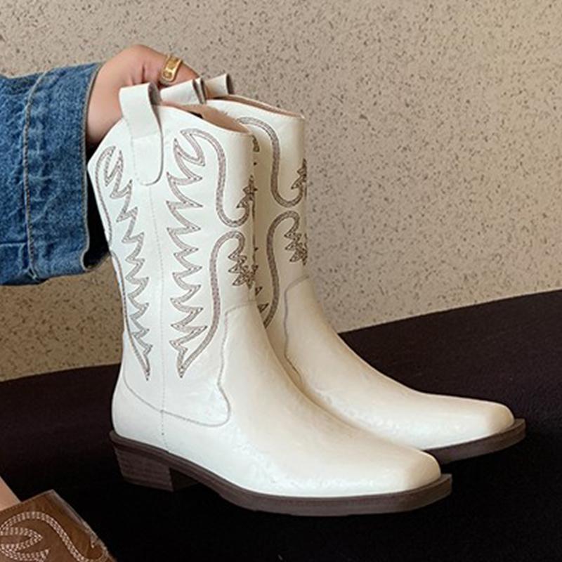 Модные женские вышитые ботильоны в стиле вестерн винтажные квадратные ботильоны на толстом каблуке модные ботильоны осень-зима новые женские ботинки до середины икры